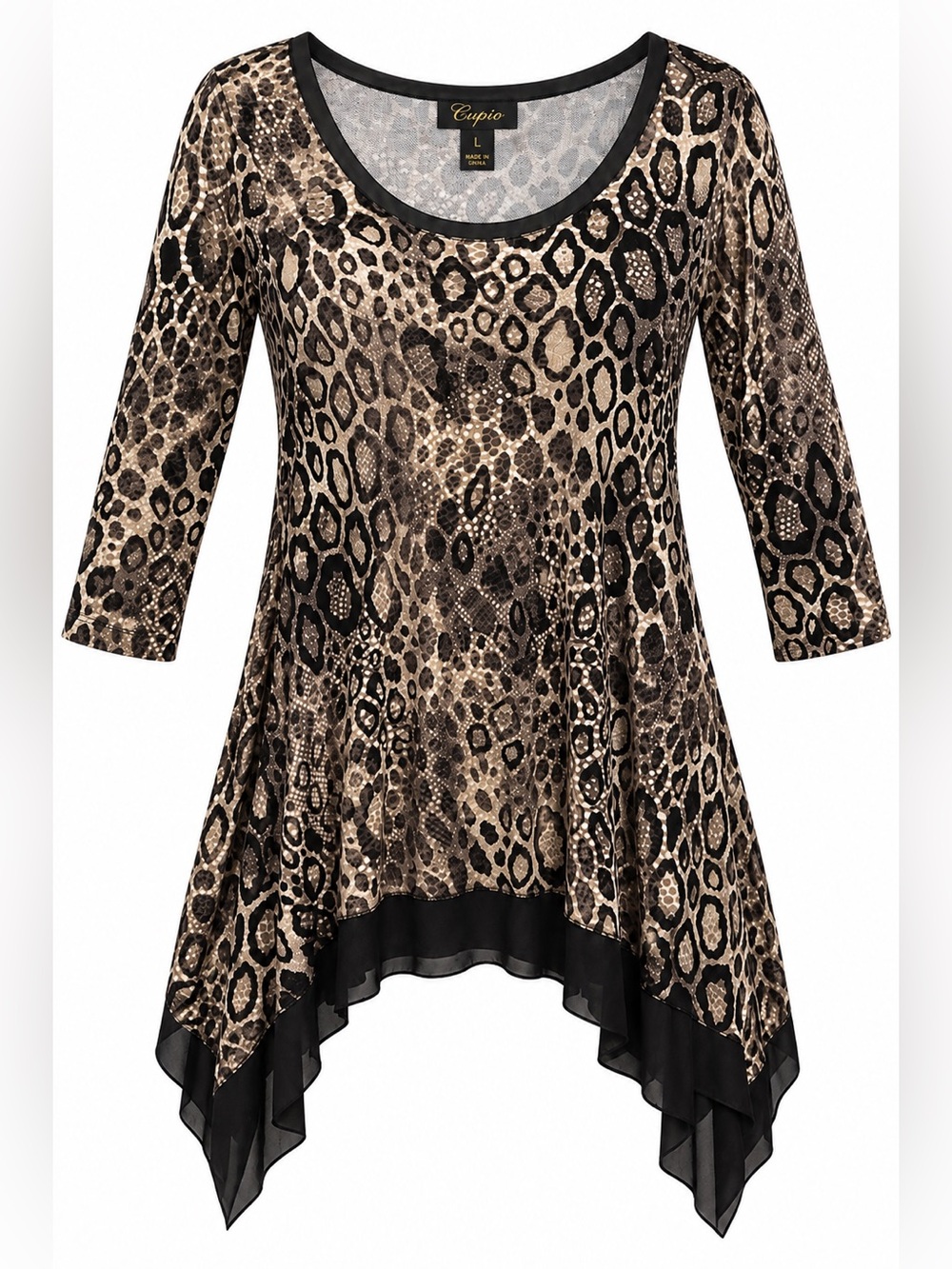 Cupio Leopard Animal Print Sharkbite Tunic Top Mesh Hem Size Large